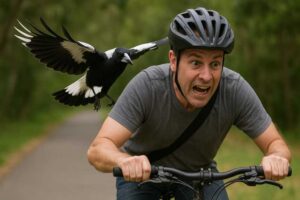 Image of an Australian magpie divebombing a cyclist