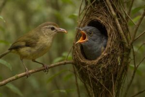 Image of a Large billed scrubwren feeding a fan tailed cuckoo chick