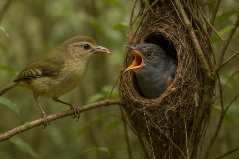 Image of a Large billed scrubwren feeding a fan tailed cuckoo chick