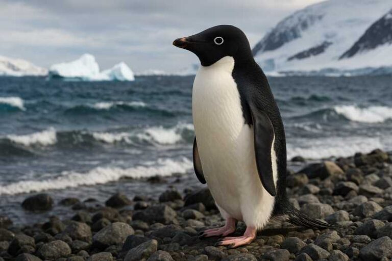 Image of an Adelie penguin on the shoreline of Antarctica