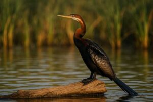 Image of an African darter perched on a log in a dam