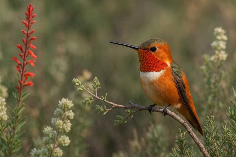 Image of a Allen's hummingbird perched on flowers