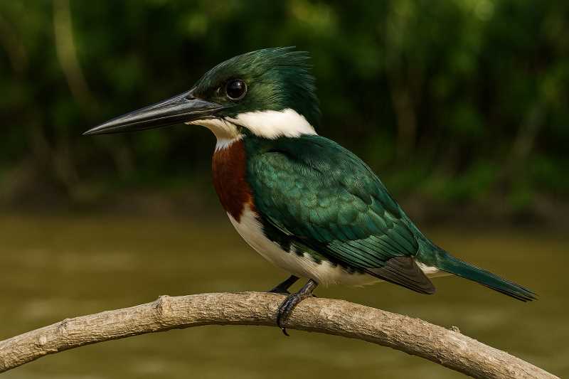 Image of an Amazon kingfisher perched over water