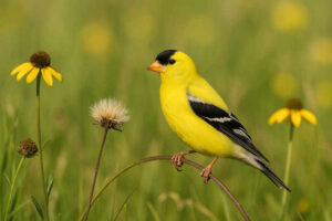 Image of an American goldfinch in a field