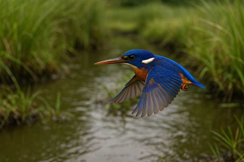 Image of an Azure kingfisher flying over a stream at the minnippi parklands