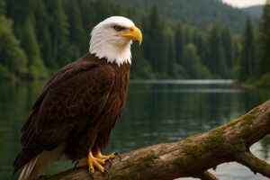 Image of a perched Bald eagle near a lake