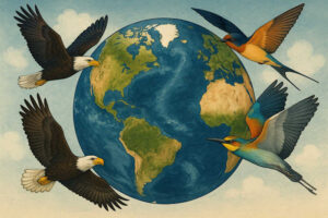 image of earth with large birds flying around it depicting Birding around the world
