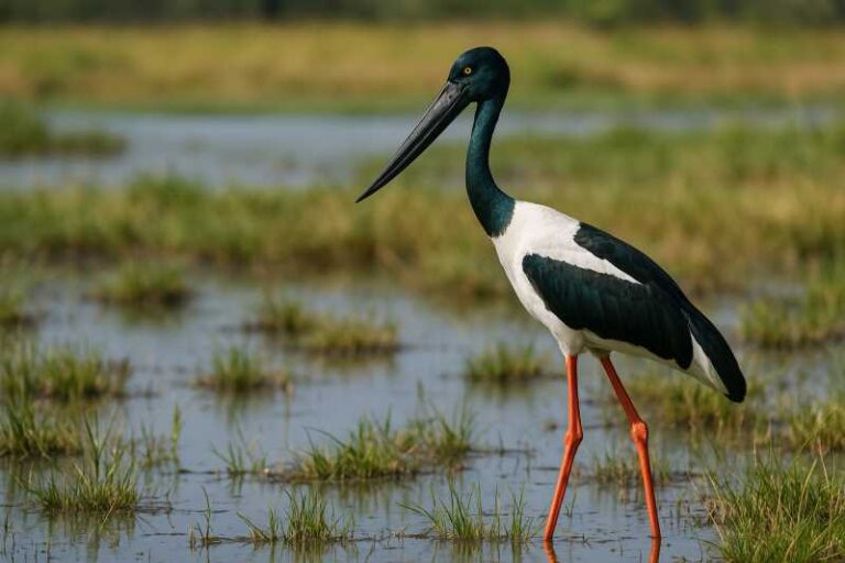 Image of a Black necked stork walking across a wetland