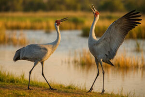 Image of Brolgas dancing near a wetland
