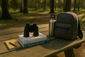 Image of Budget birdwatching gear on a picnic table in a woodland