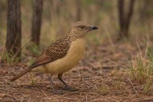 Image of a Fawn breasted bowerbird on the ground