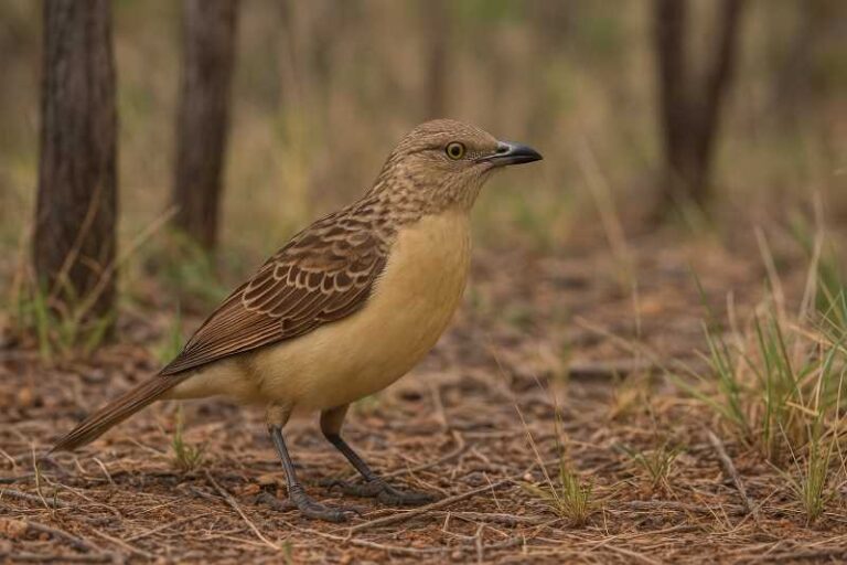 Image of a Fawn breasted bowerbird on the ground