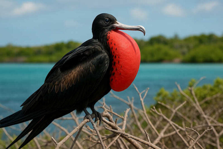 image of a Great frigatebird displaying by puffing his bright red throat