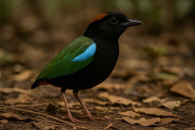 Image of a Rainbow pitta in the leaf litter