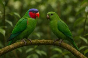 Image of a male and juv Red cheeked parrot