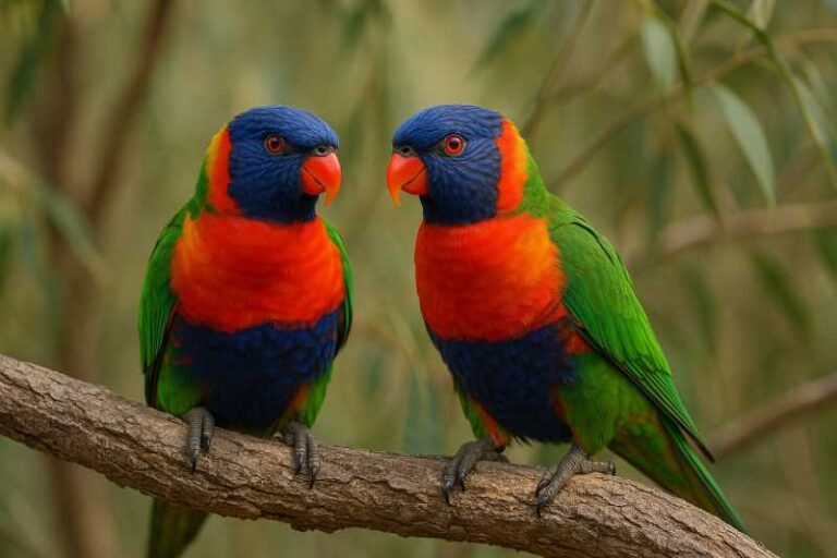 Image of two Red collared lorikeets