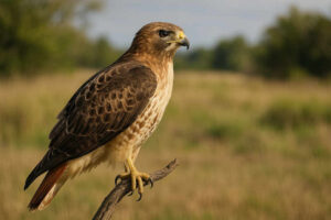 Image of a Red tailed hawk perched on a dead tree