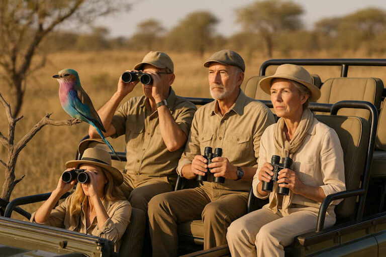 Image of Wealthy birdwatchers on tour sitting in a game drive vehicle watching birds