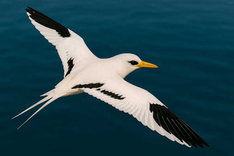 image of aWhite tailed tropicbird in flight showing upperwing