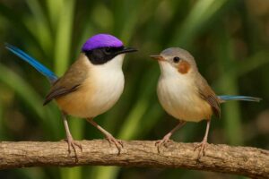 Image of a male and female Purple crowned fairywren perched together
