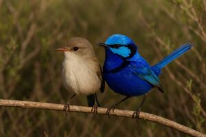 Image of a male and female Splendid fairywren together in the grassland